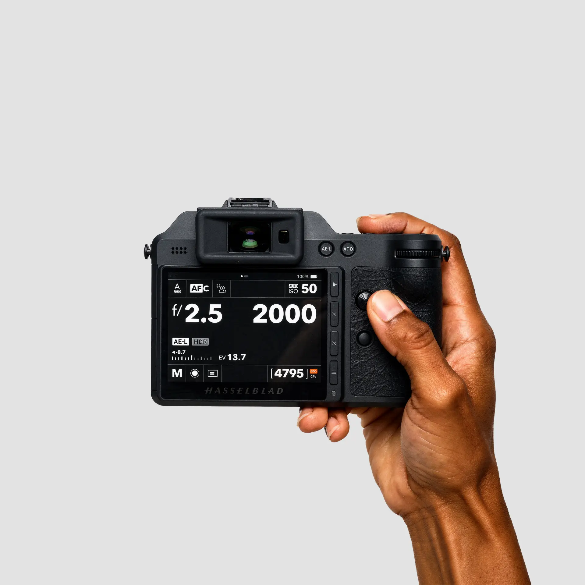 AI-generated hand holding a medium-format camera against a light grey backdrop